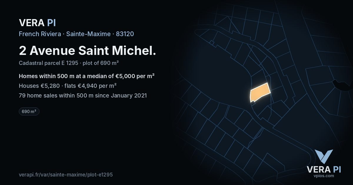 2 Avenue Saint Michel, Sainte-Maxime at night – the plot lit, the parcels around coloured by the prices near them