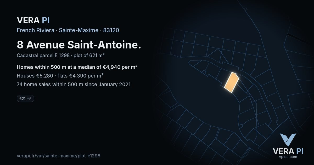 8 Avenue Saint-Antoine, Sainte-Maxime at night – the plot lit, the parcels around coloured by the prices near them
