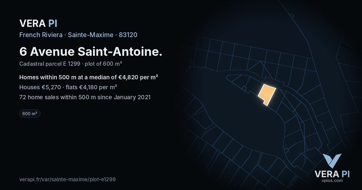 6 Avenue Saint-Antoine, Sainte-Maxime at night – the plot lit, the parcels around coloured by the prices near them