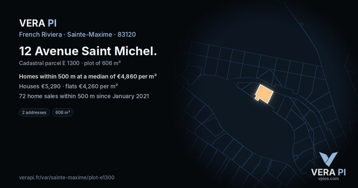 12 Avenue Saint Michel, Sainte-Maxime at night – the plot lit, the parcels around coloured by the prices near them