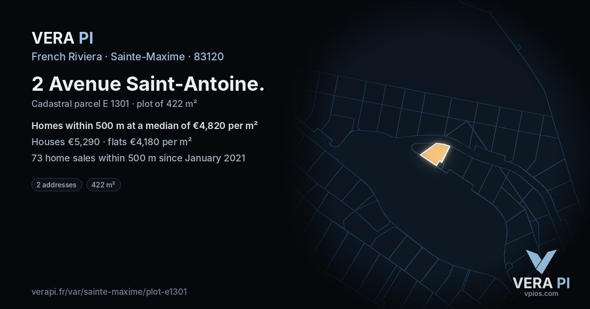 2 Avenue Saint-Antoine, Sainte-Maxime at night – the plot lit, the parcels around coloured by the prices near them
