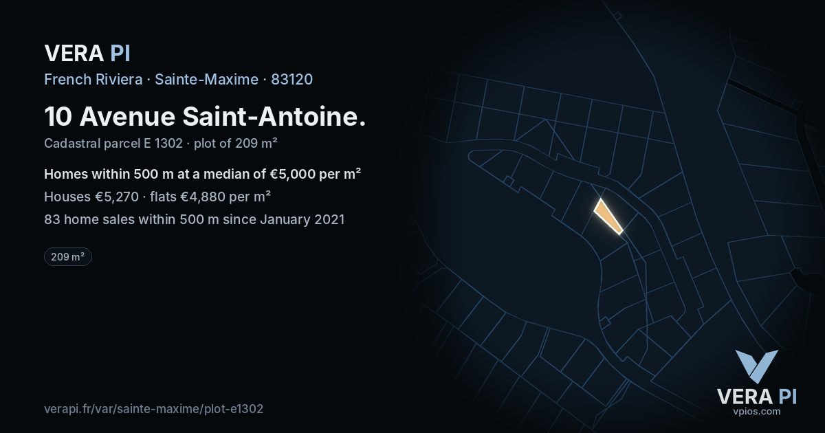 10 Avenue Saint-Antoine, Sainte-Maxime at night – the plot lit, the parcels around coloured by the prices near them