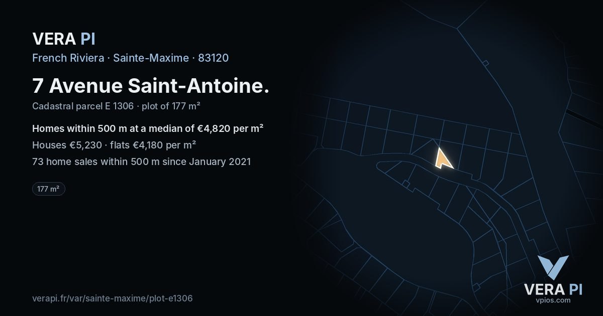 7 Avenue Saint-Antoine, Sainte-Maxime at night – the plot lit, the parcels around coloured by the prices near them
