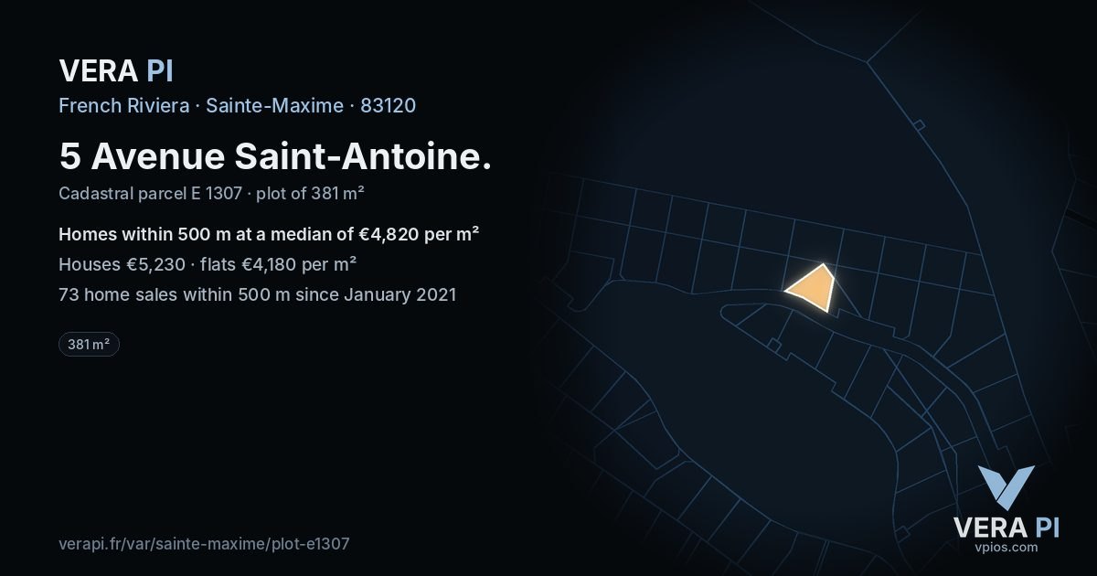 5 Avenue Saint-Antoine, Sainte-Maxime at night – the plot lit, the parcels around coloured by the prices near them
