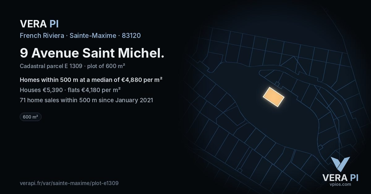 9 Avenue Saint Michel, Sainte-Maxime at night – the plot lit, the parcels around coloured by the prices near them