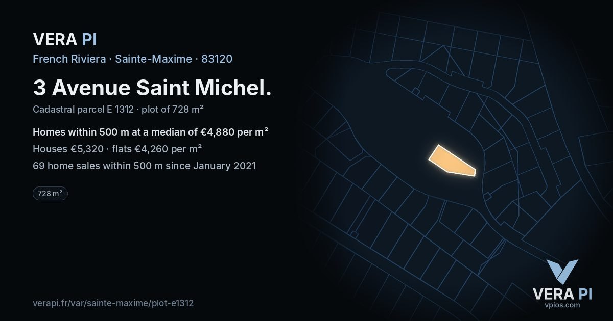 3 Avenue Saint Michel, Sainte-Maxime at night – the plot lit, the parcels around coloured by the prices near them