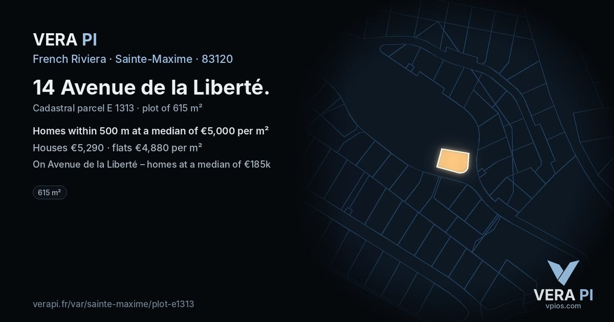 14 Avenue de la Liberté, Sainte-Maxime at night – the plot lit, the parcels around coloured by the prices near them