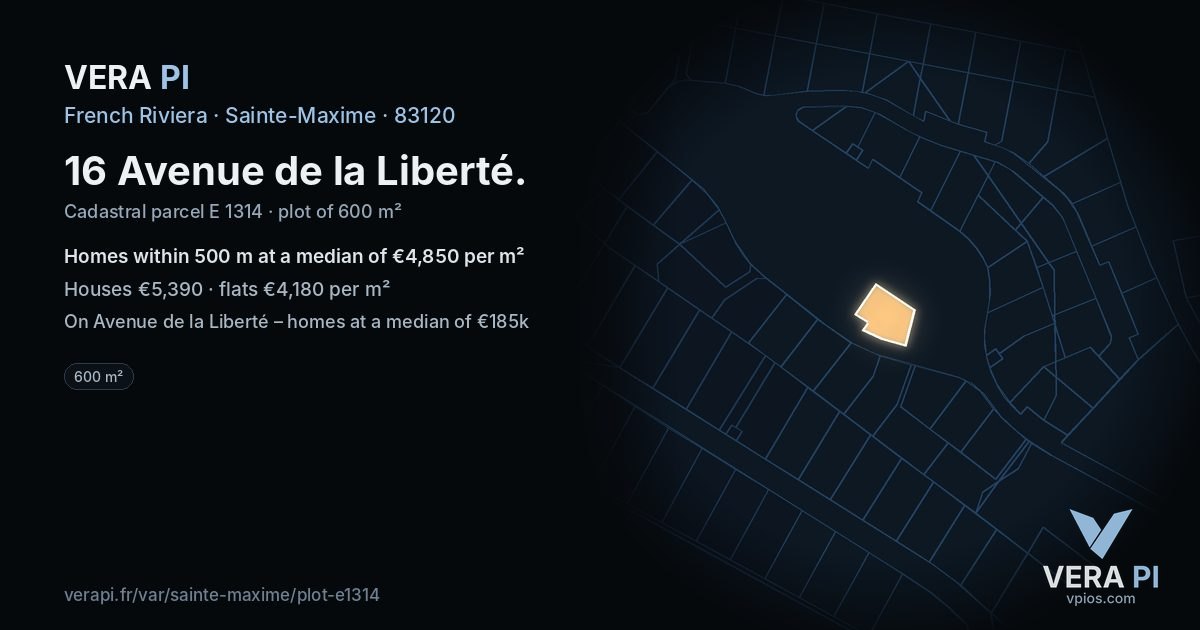 16 Avenue de la Liberté, Sainte-Maxime at night – the plot lit, the parcels around coloured by the prices near them
