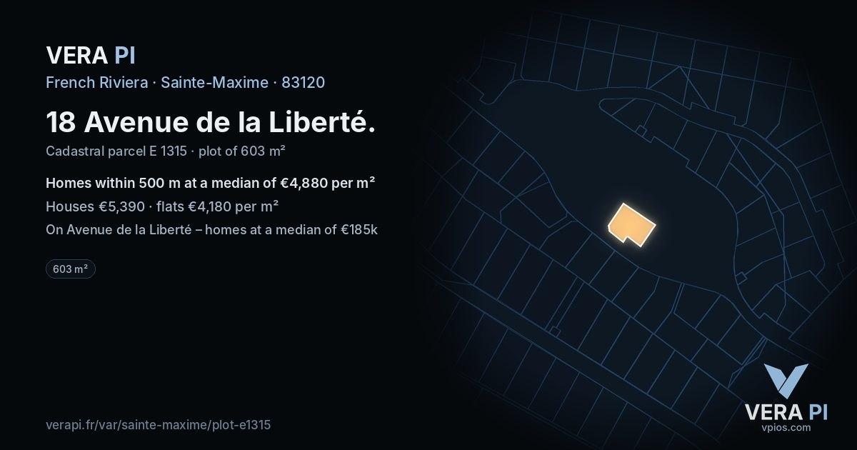 18 Avenue de la Liberté, Sainte-Maxime at night – the plot lit, the parcels around coloured by the prices near them