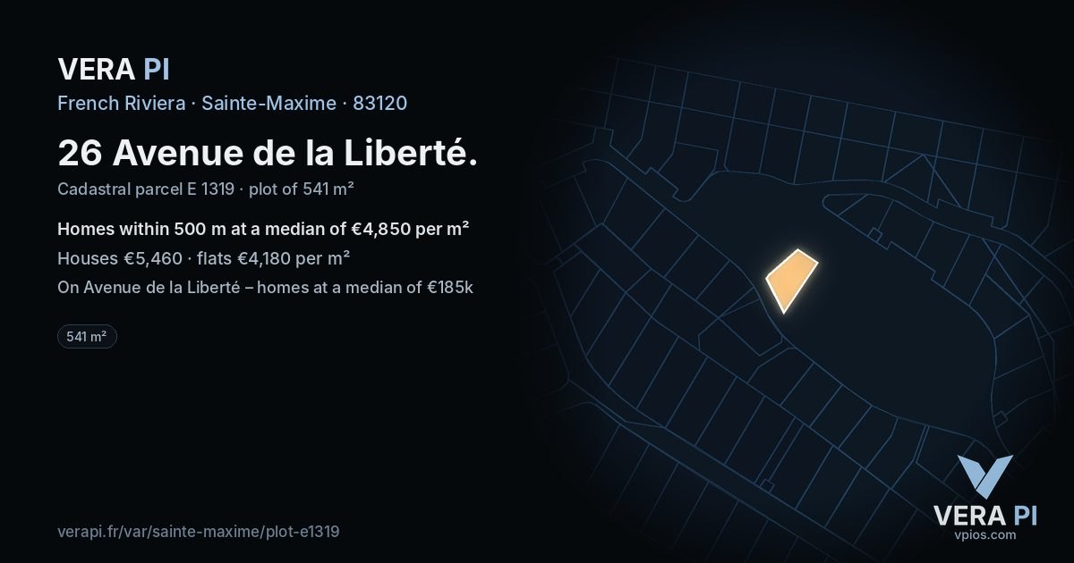 26 Avenue de la Liberté, Sainte-Maxime at night – the plot lit, the parcels around coloured by the prices near them