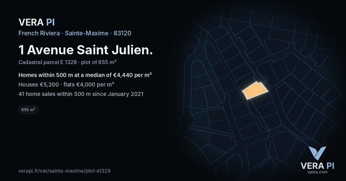 1 Avenue Saint Julien, Sainte-Maxime at night – the plot lit, the parcels around coloured by the prices near them