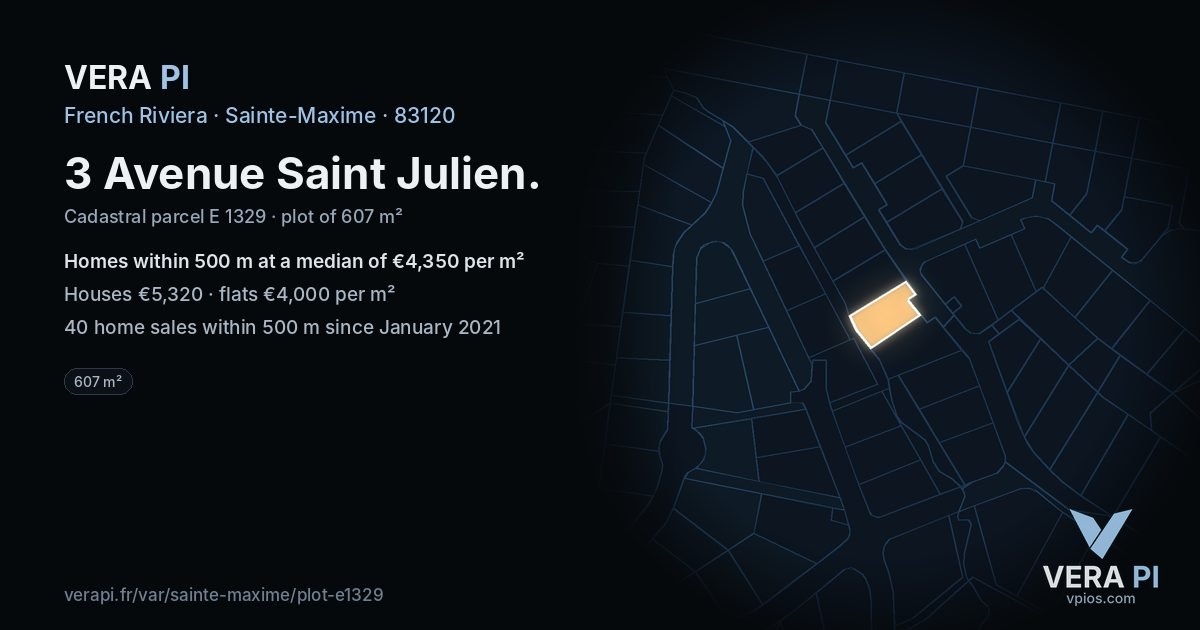 3 Avenue Saint Julien, Sainte-Maxime at night – the plot lit, the parcels around coloured by the prices near them