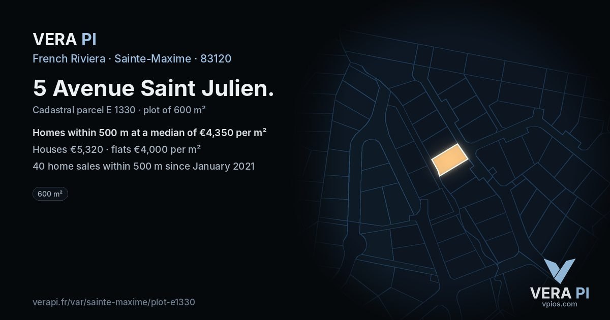 5 Avenue Saint Julien, Sainte-Maxime at night – the plot lit, the parcels around coloured by the prices near them