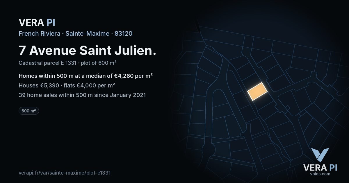7 Avenue Saint Julien, Sainte-Maxime at night – the plot lit, the parcels around coloured by the prices near them