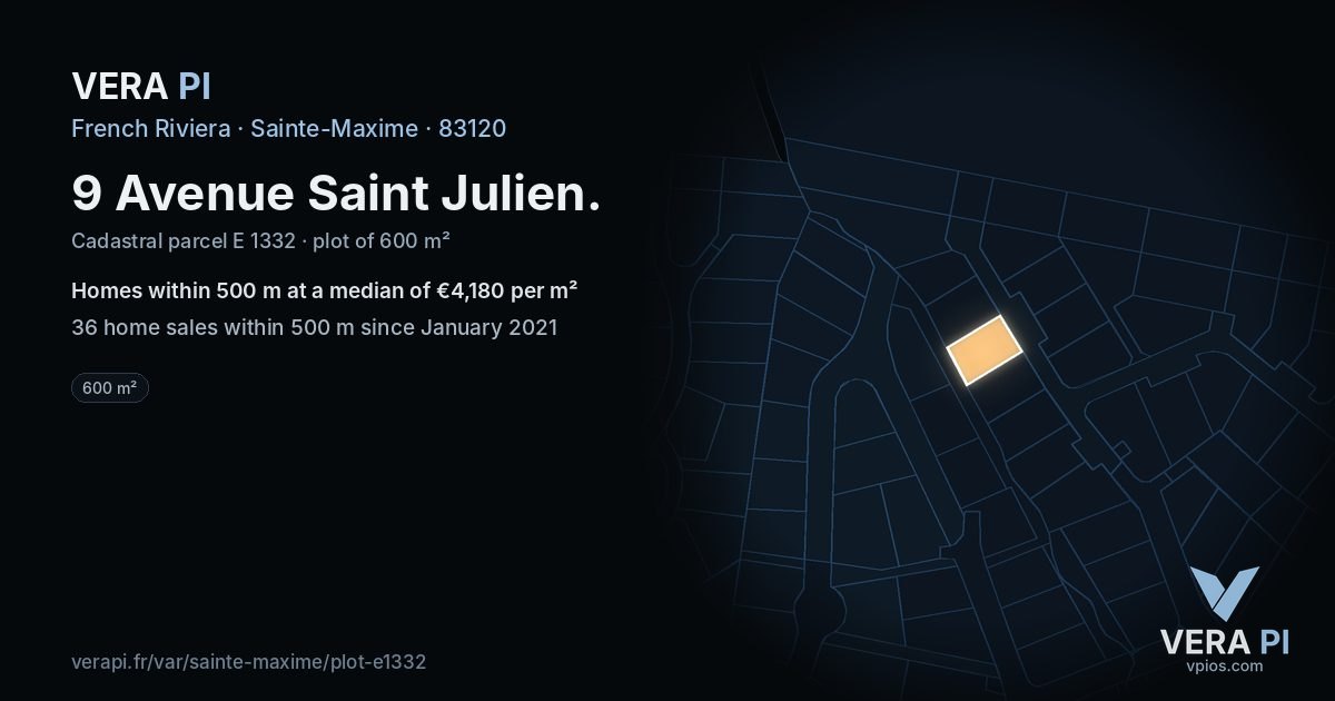 9 Avenue Saint Julien, Sainte-Maxime at night – the plot lit, the parcels around coloured by the prices near them