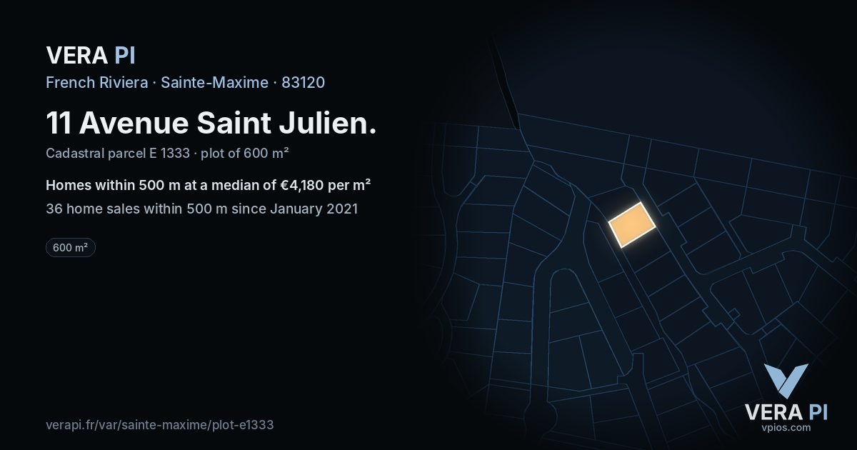 11 Avenue Saint Julien, Sainte-Maxime at night – the plot lit, the parcels around coloured by the prices near them