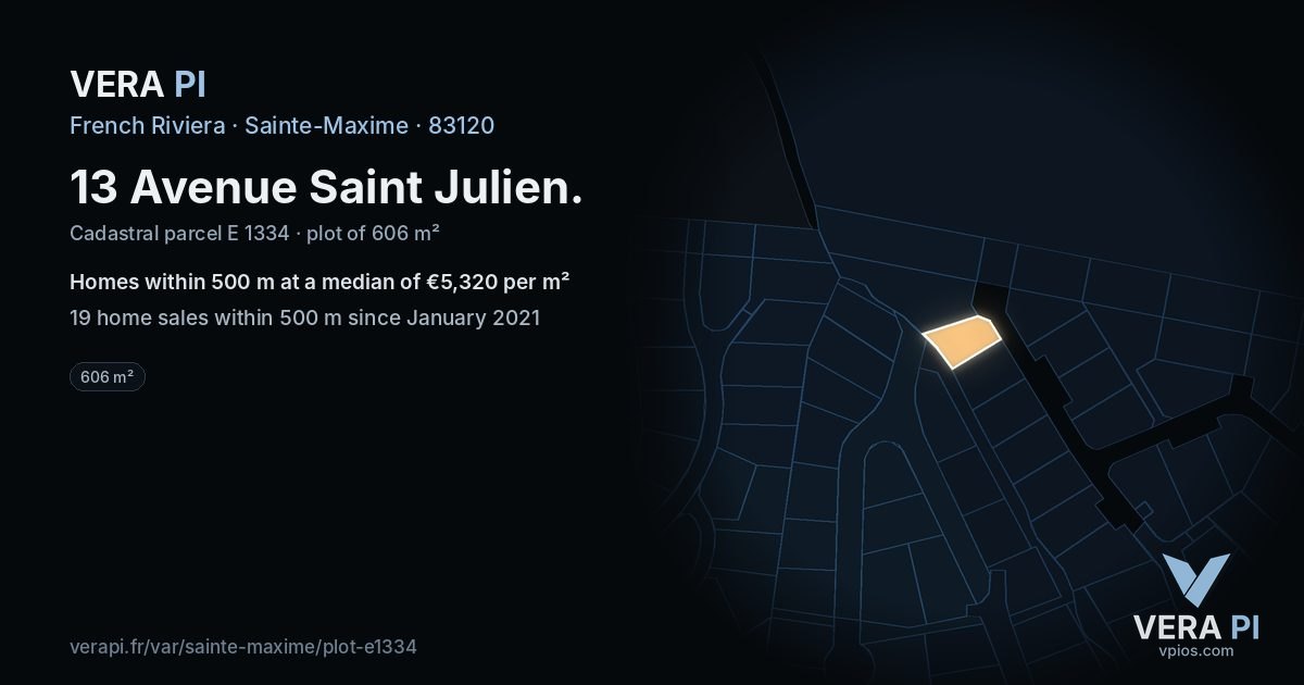 13 Avenue Saint Julien, Sainte-Maxime at night – the plot lit, the parcels around coloured by the prices near them