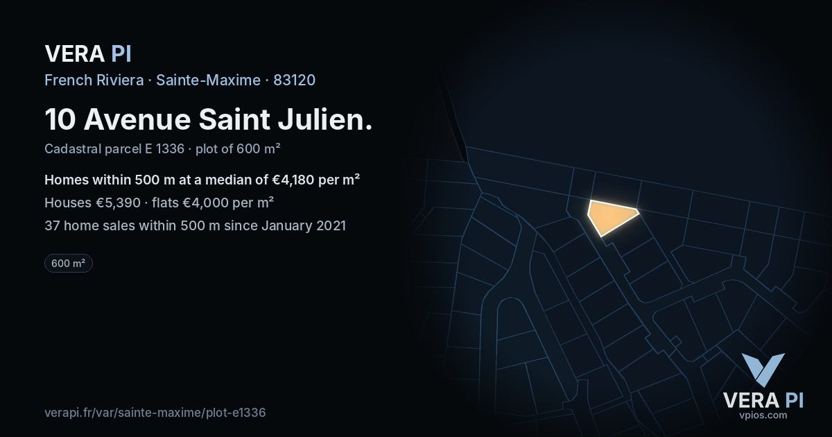10 Avenue Saint Julien, Sainte-Maxime at night – the plot lit, the parcels around coloured by the prices near them
