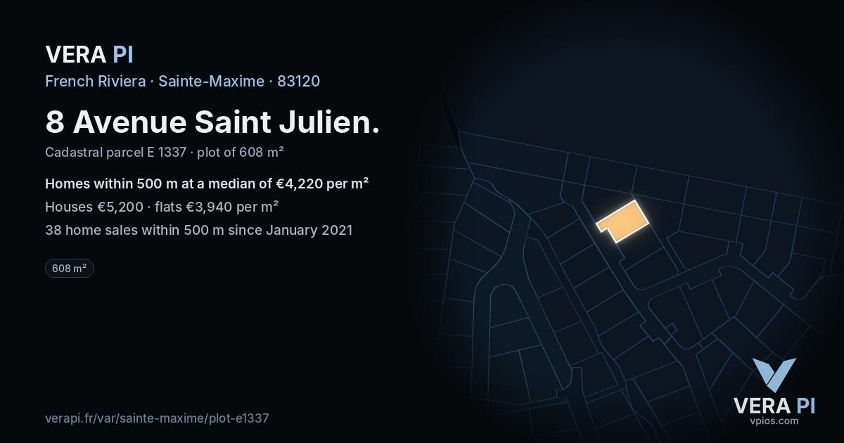 8 Avenue Saint Julien, Sainte-Maxime at night – the plot lit, the parcels around coloured by the prices near them