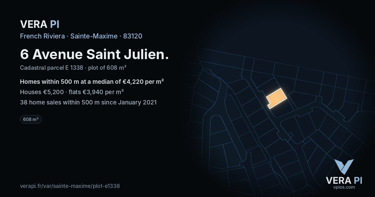 6 Avenue Saint Julien, Sainte-Maxime at night – the plot lit, the parcels around coloured by the prices near them