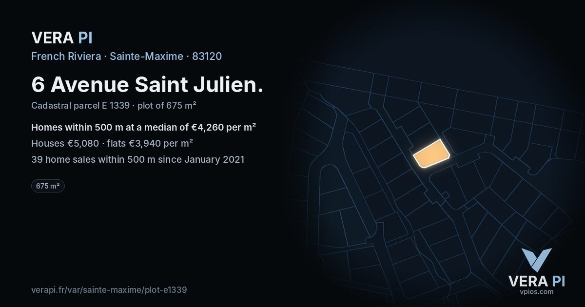 6 Avenue Saint Julien, Sainte-Maxime at night – the plot lit, the parcels around coloured by the prices near them