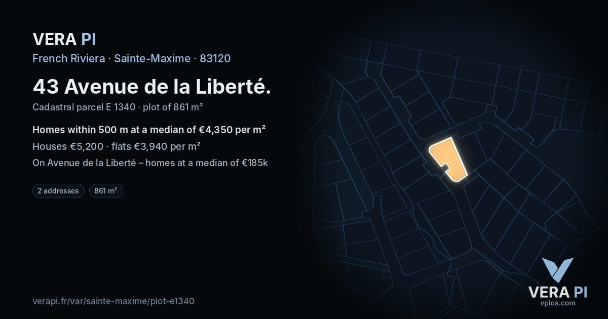 43 Avenue de la Liberté, Sainte-Maxime at night – the plot lit, the parcels around coloured by the prices near them