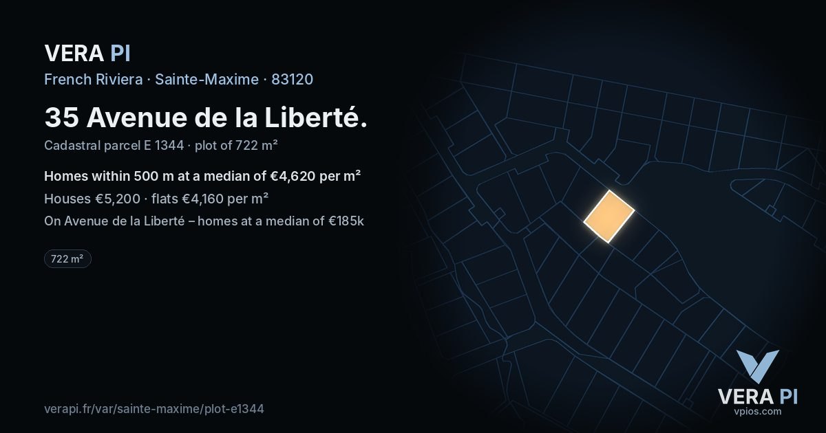 35 Avenue de la Liberté, Sainte-Maxime at night – the plot lit, the parcels around coloured by the prices near them