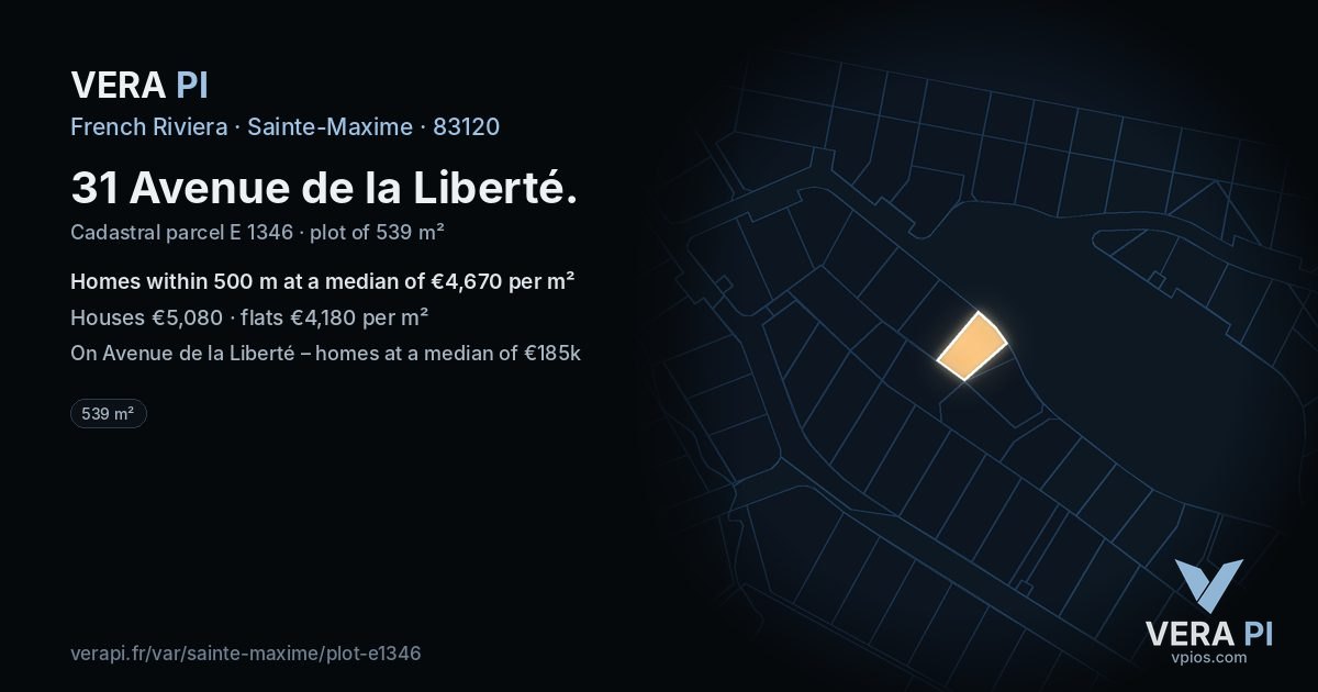 31 Avenue de la Liberté, Sainte-Maxime at night – the plot lit, the parcels around coloured by the prices near them