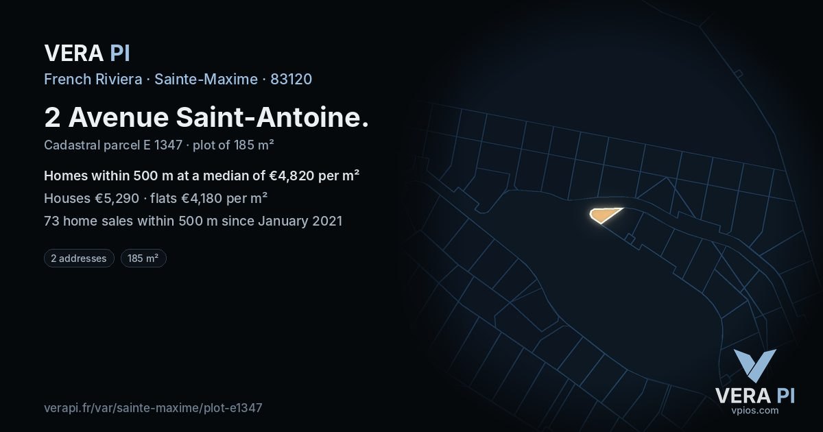 2 Avenue Saint-Antoine, Sainte-Maxime at night – the plot lit, the parcels around coloured by the prices near them
