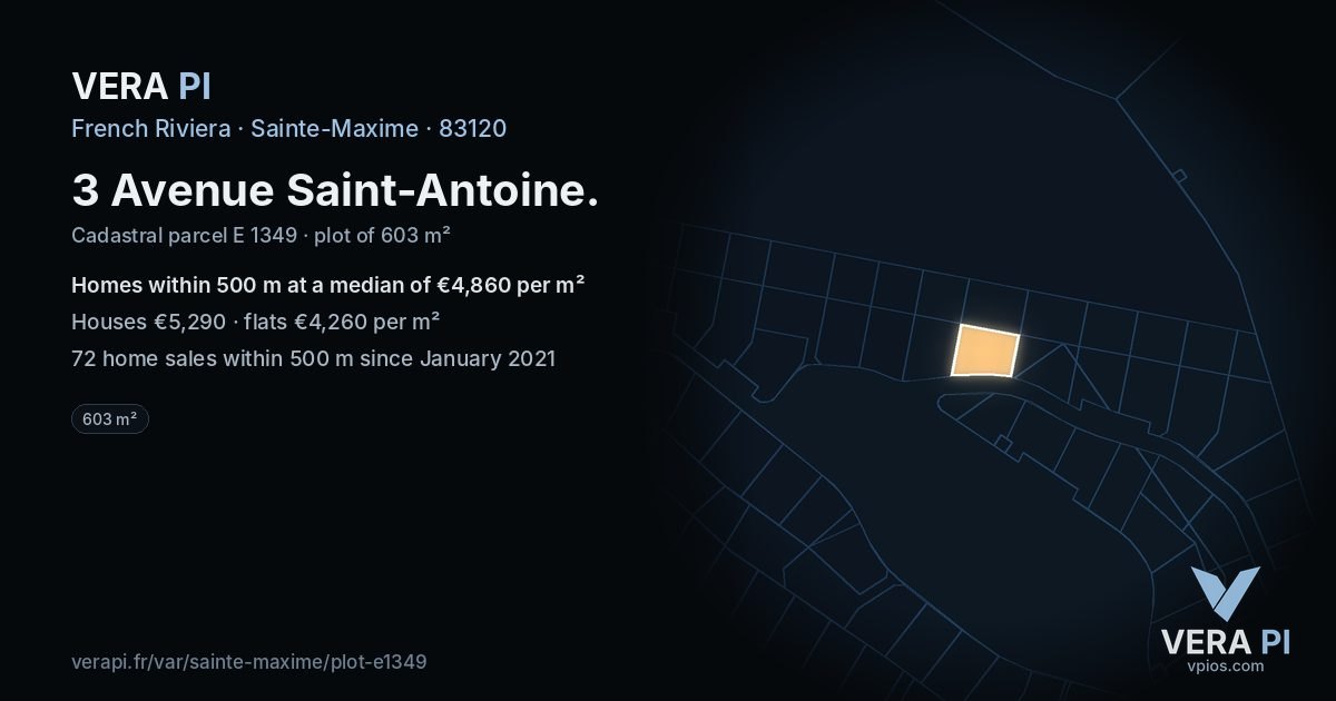 3 Avenue Saint-Antoine, Sainte-Maxime at night – the plot lit, the parcels around coloured by the prices near them