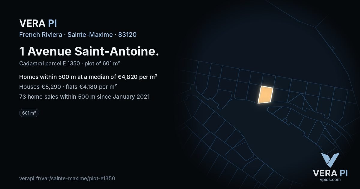 1 Avenue Saint-Antoine, Sainte-Maxime at night – the plot lit, the parcels around coloured by the prices near them
