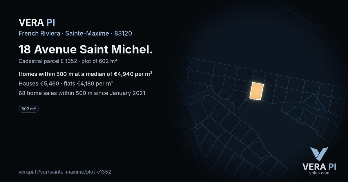 18 Avenue Saint Michel, Sainte-Maxime at night – the plot lit, the parcels around coloured by the prices near them