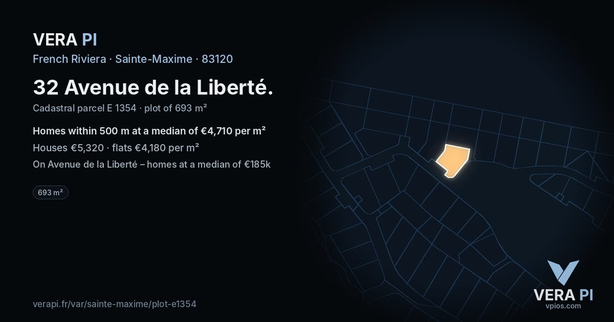 32 Avenue de la Liberté, Sainte-Maxime at night – the plot lit, the parcels around coloured by the prices near them