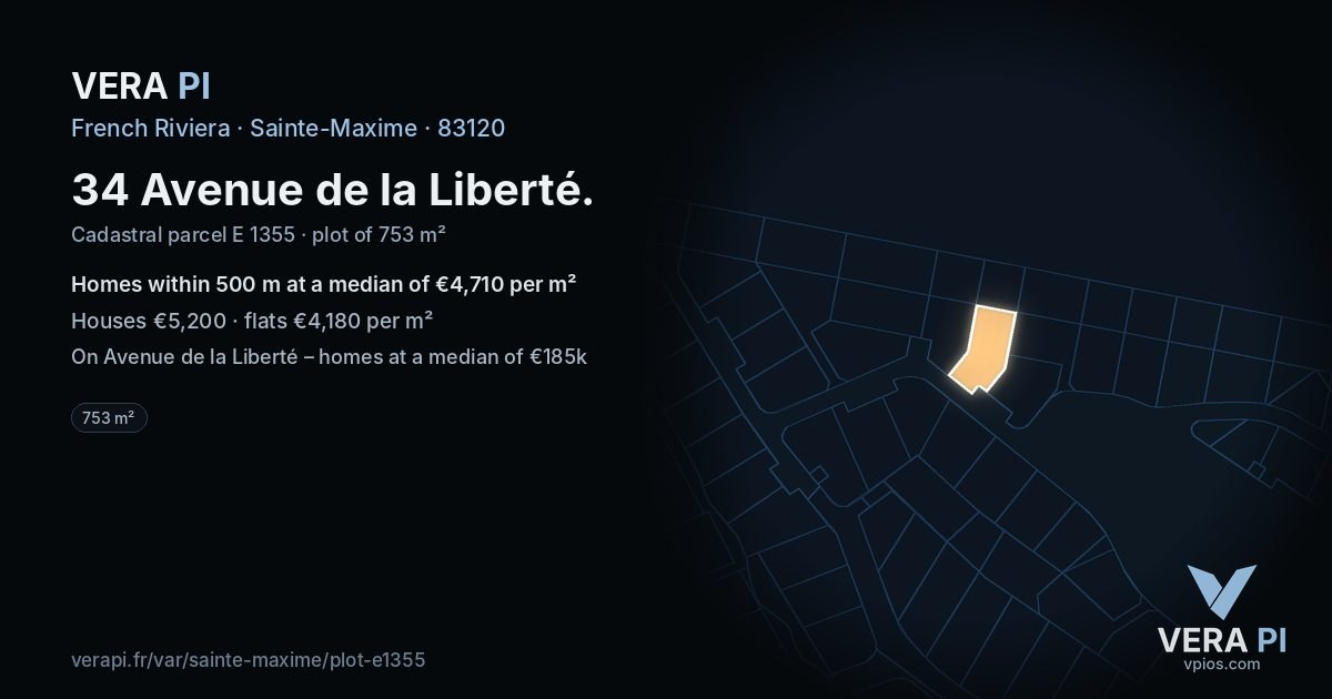 34 Avenue de la Liberté, Sainte-Maxime at night – the plot lit, the parcels around coloured by the prices near them