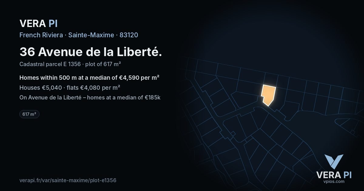 36 Avenue de la Liberté, Sainte-Maxime at night – the plot lit, the parcels around coloured by the prices near them