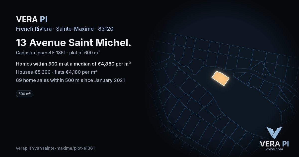 13 Avenue Saint Michel, Sainte-Maxime at night – the plot lit, the parcels around coloured by the prices near them