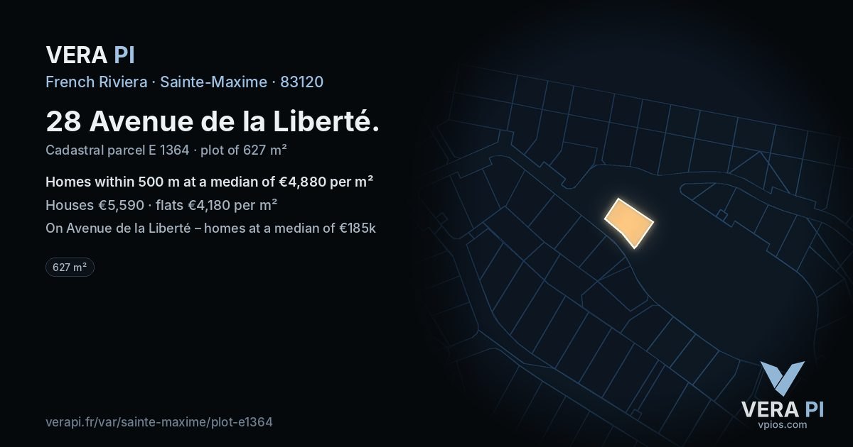 28 Avenue de la Liberté, Sainte-Maxime at night – the plot lit, the parcels around coloured by the prices near them