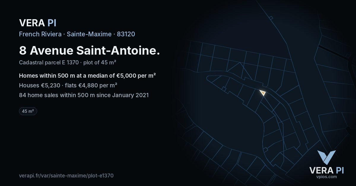 8 Avenue Saint-Antoine, Sainte-Maxime at night – the plot lit, the parcels around coloured by the prices near them