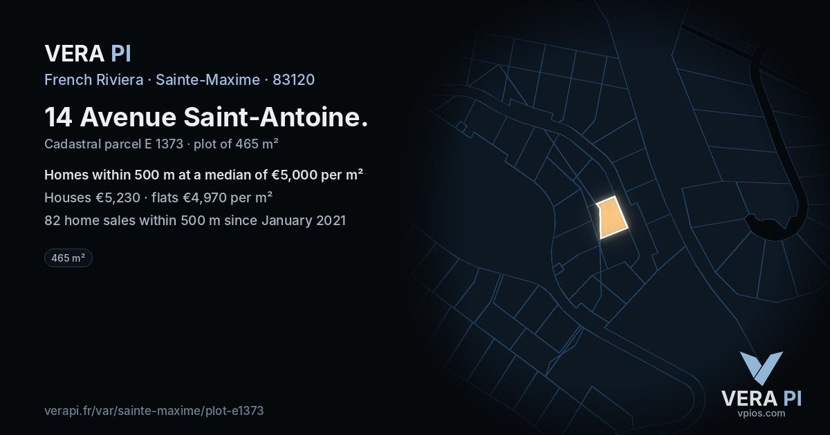 14 Avenue Saint-Antoine, Sainte-Maxime at night – the plot lit, the parcels around coloured by the prices near them