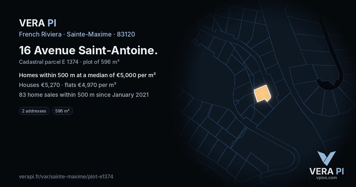 16 Avenue Saint-Antoine, Sainte-Maxime at night – the plot lit, the parcels around coloured by the prices near them