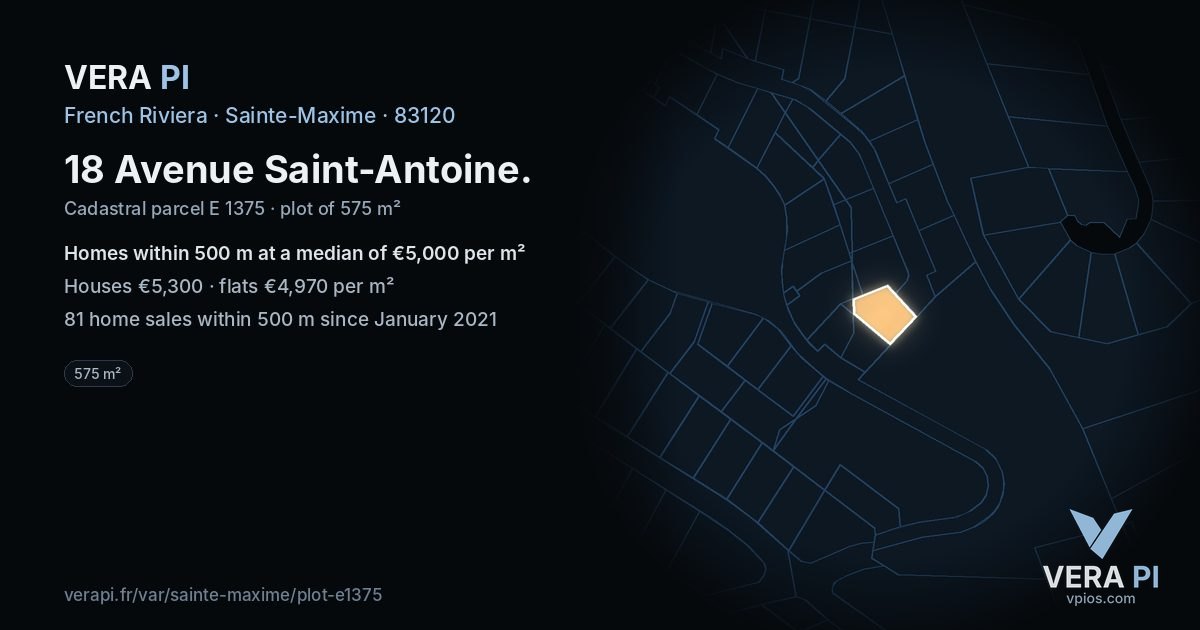 18 Avenue Saint-Antoine, Sainte-Maxime at night – the plot lit, the parcels around coloured by the prices near them
