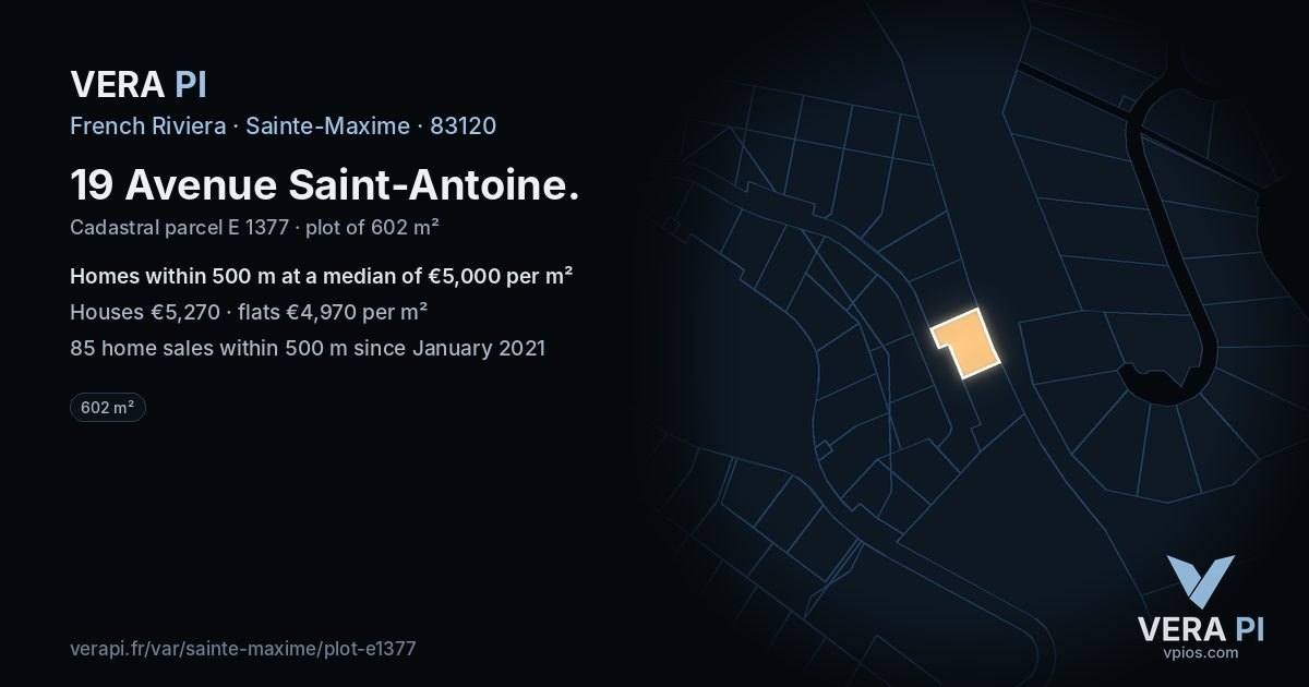 19 Avenue Saint-Antoine, Sainte-Maxime at night – the plot lit, the parcels around coloured by the prices near them