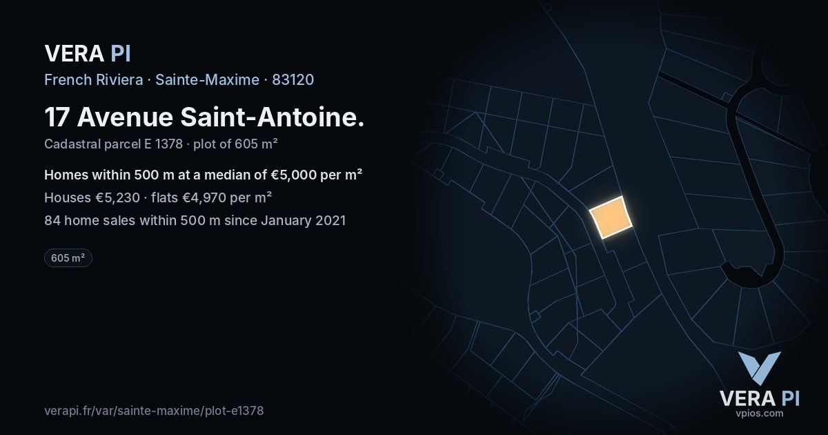 17 Avenue Saint-Antoine, Sainte-Maxime at night – the plot lit, the parcels around coloured by the prices near them