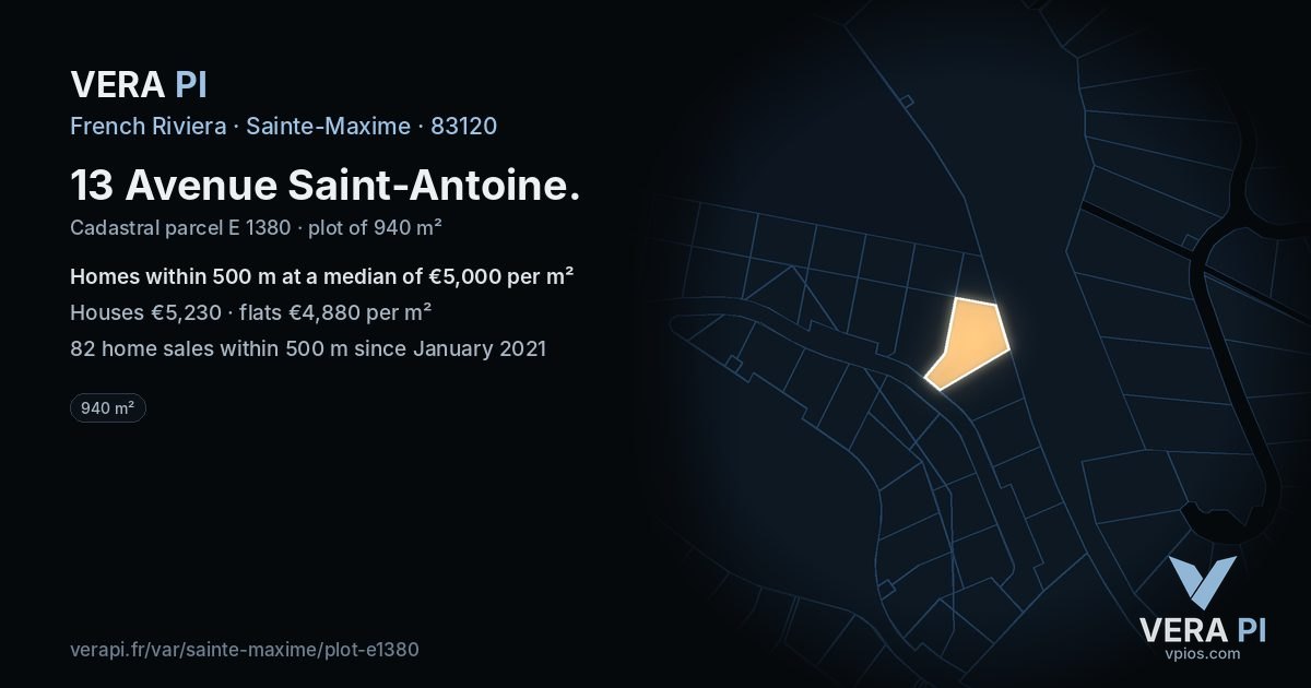 13 Avenue Saint-Antoine, Sainte-Maxime at night – the plot lit, the parcels around coloured by the prices near them