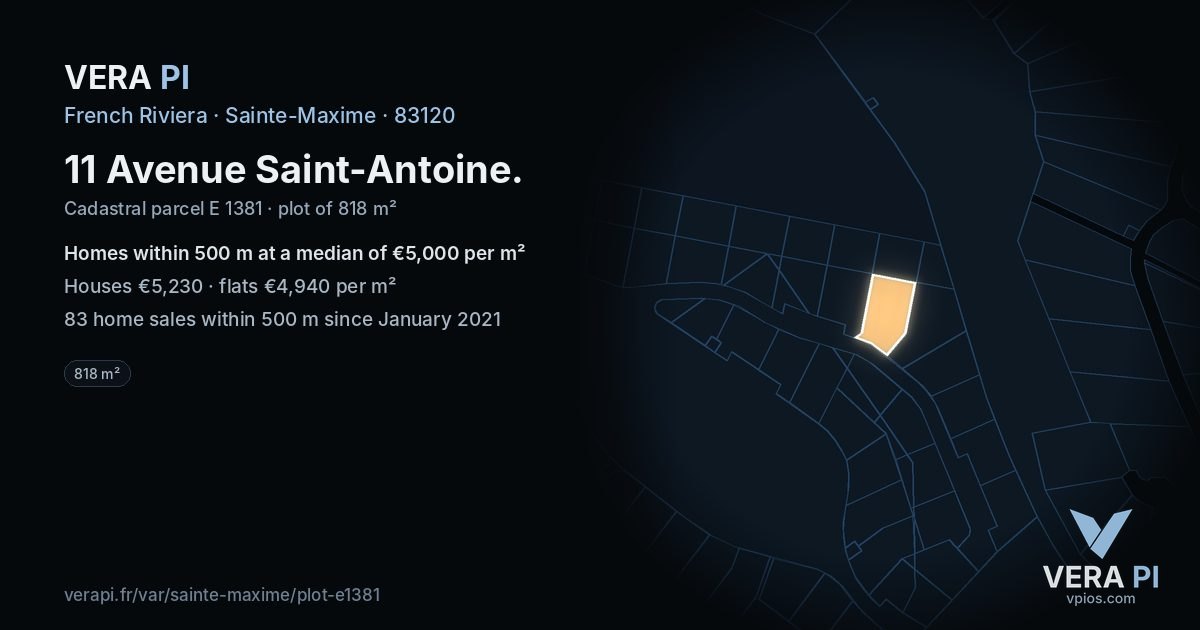 11 Avenue Saint-Antoine, Sainte-Maxime at night – the plot lit, the parcels around coloured by the prices near them