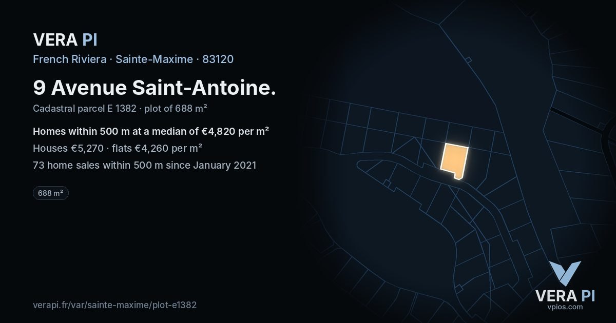 9 Avenue Saint-Antoine, Sainte-Maxime at night – the plot lit, the parcels around coloured by the prices near them