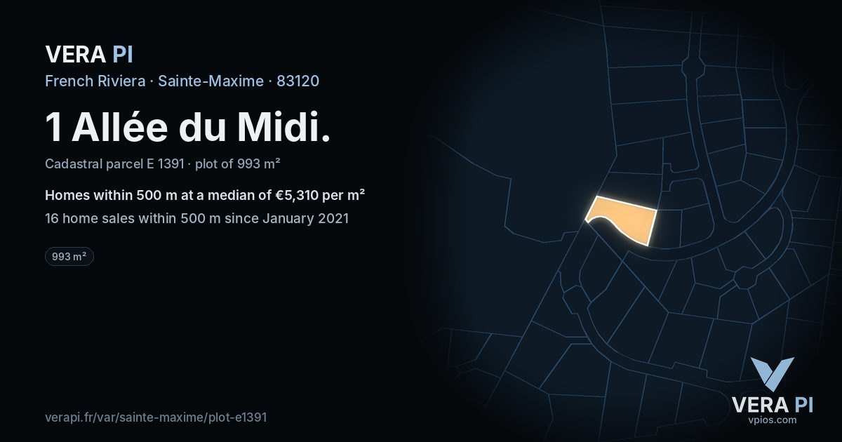 1 Allée du Midi, Sainte-Maxime at night – the plot lit, the parcels around coloured by the prices near them