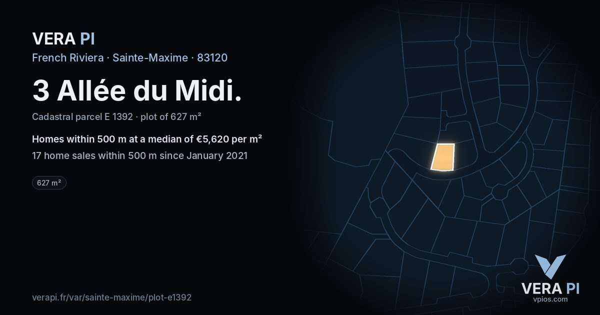3 Allée du Midi, Sainte-Maxime at night – the plot lit, the parcels around coloured by the prices near them