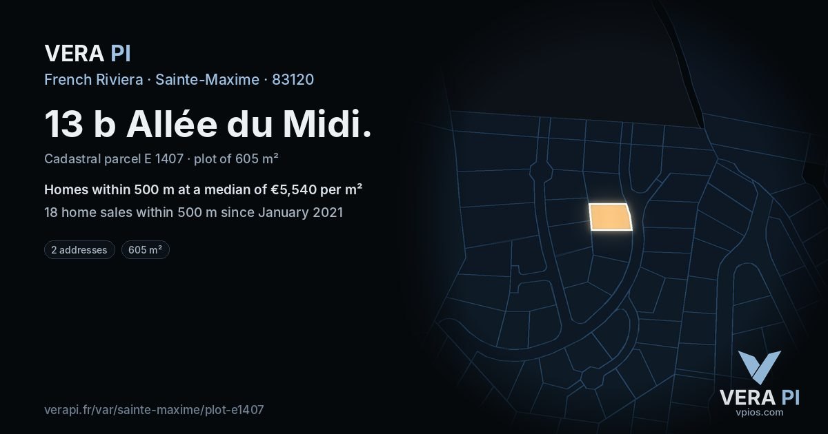 13 b Allée du Midi, Sainte-Maxime at night – the plot lit, the parcels around coloured by the prices near them