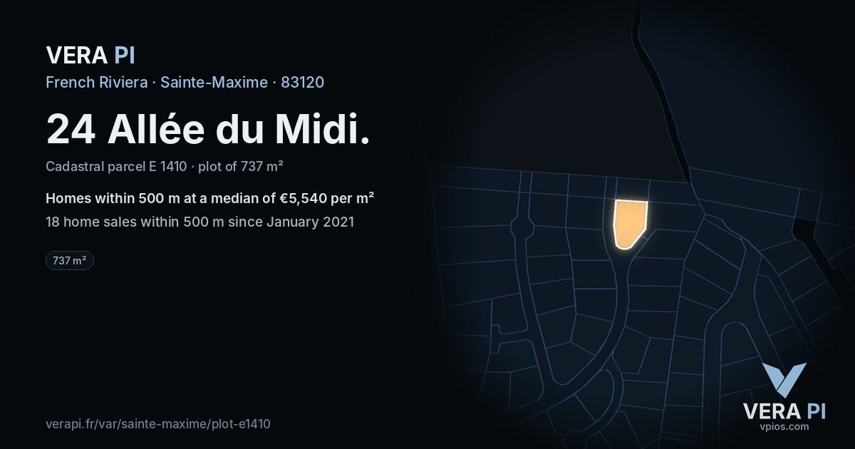 24 Allée du Midi, Sainte-Maxime at night – the plot lit, the parcels around coloured by the prices near them